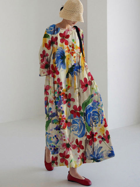 Lockeres, modisches Premium-Kleid mit Rundhalsausschnitt und langen Ärmeln und Aufdruck m301044