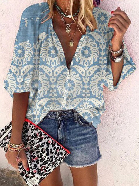 women's clothing stand-up collar loose button retro printed casual shirt m301723