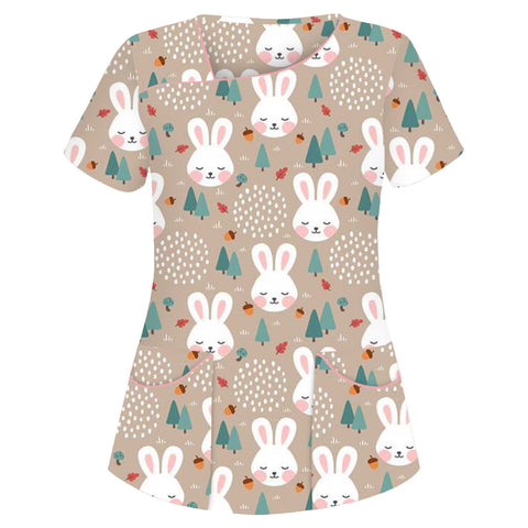 Printed V-neck short-sleeved pocket T-shirt women's top m301596