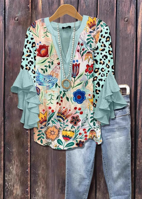 T-shirt à col en V et bordure lotus, imprimé floral créatif, impression numérique, tendance décontractée, m301358 