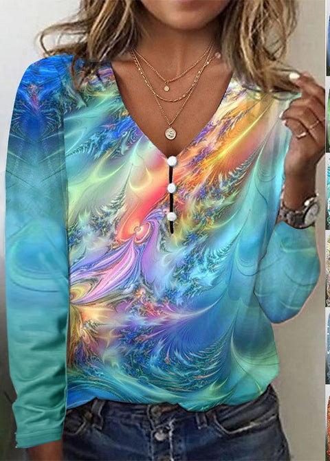 Langarm-T-Shirt-Pullover mit V-Ausschnitt, Stern-Batikmuster und Perlmuttknöpfen m300609 