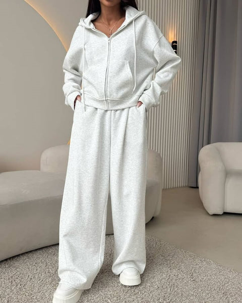Long Sleeve Zipper Cardigan Hooded Sweater Lace-Up Pants Two-piece Cotton M301805