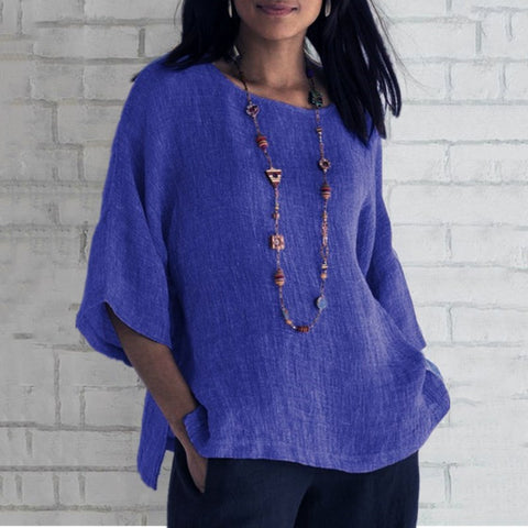Haut chemise en coton et lin à manches fendues et col rond m300053 