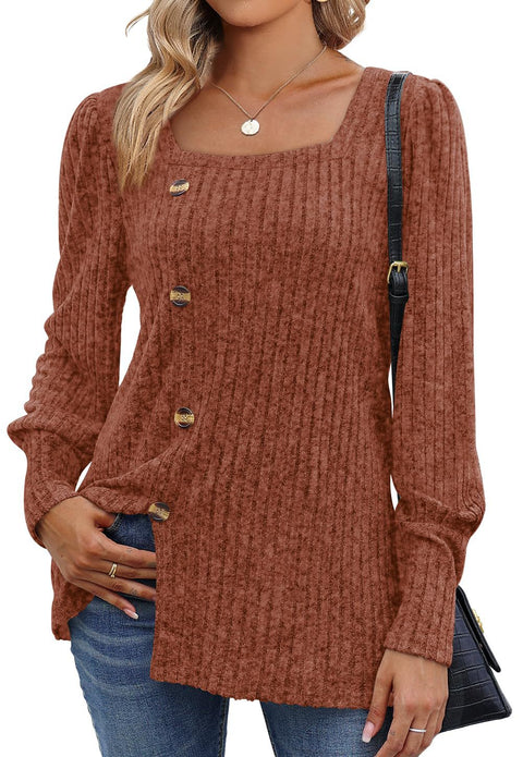 Autumn and winter new buckle square neck long-sleeved solid color women's t-shirt m300546