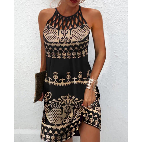 Robe imprimée sans manches à col rond et col ajouré, coupe ajustée, dos nu, M300192 