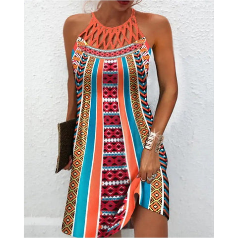 Robe imprimée sans manches à col rond et col ajouré, coupe ajustée, dos nu, M300192 