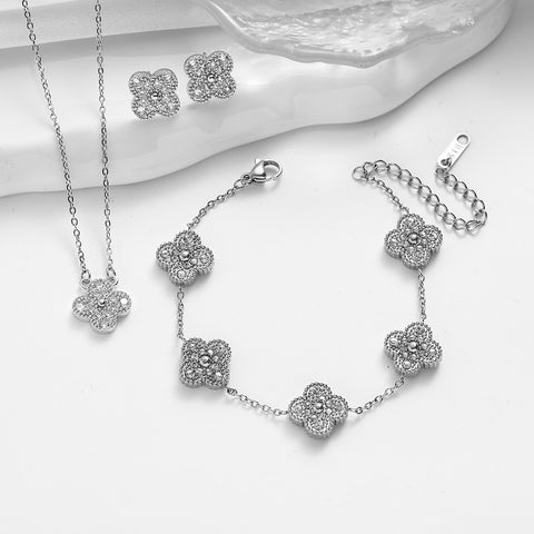 Doppelseitiges Kleeblatt-Schmuckset aus Titanstahl mit Laserarmband, leichter, luxuriöser Diamanteinlage m5010677