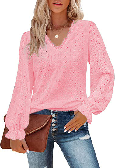 Chemise décontractée à col en V et manches plissées, automne m300647