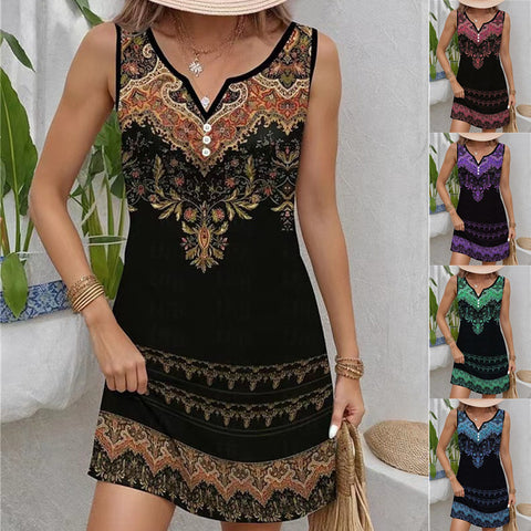 Robe sans manches à bretelles imprimée, décontractée, col en V, boutons, m300105 