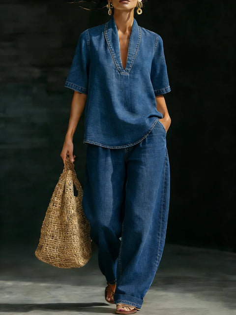 Casual retro denim V-neck short-sleeved trousers set m302511