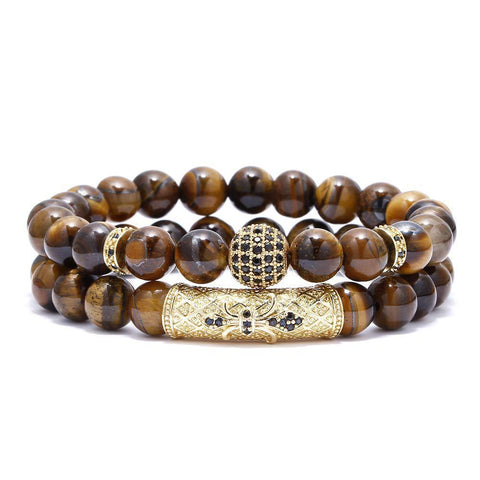 Bracelet élastique micro-incrusté de cuivre œil de tigre zircon noir mat m3331288