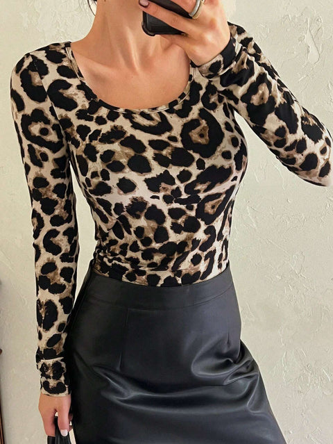 Hot-selling low-neck ribbed knitted women's 3D printing long-sleeved T-shirt m301564