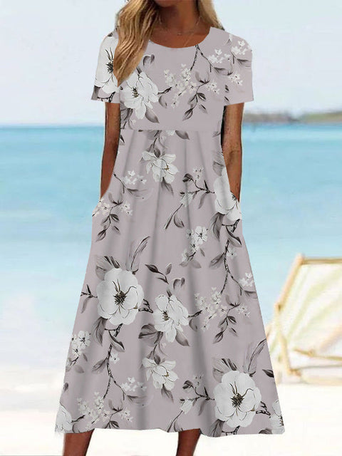 Sommer neues Damen-Swing-Kleid mit mittlerer Taille und lässigem Rundhalsausschnitt und Print m300040 