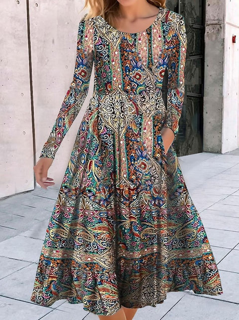 Rundhalsausschnitt, Langarm, lockeres Pendelkleid mit geometrischem Muster, bedruckt, m300700 