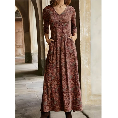 Robe en coton imprimé à manches longues et col en V avec poches m300706 
