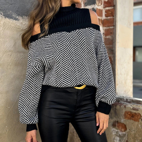Striped sweater women's semi-turtleneck fashion pullover cold shoulder knitted sweater m300853