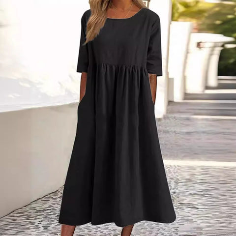 Neues lässiges Kurzarmkleid aus Baumwolle und Leinen mit Falten und Rundhalsausschnitt, m300890 
