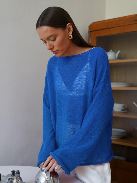 Women's perspective thin large round neck horn sleeve knitted T-shirt m301766