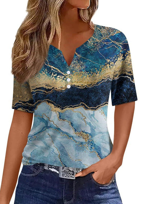 T-shirt femme col V trois boutons impression 3D manches courtes m300477 