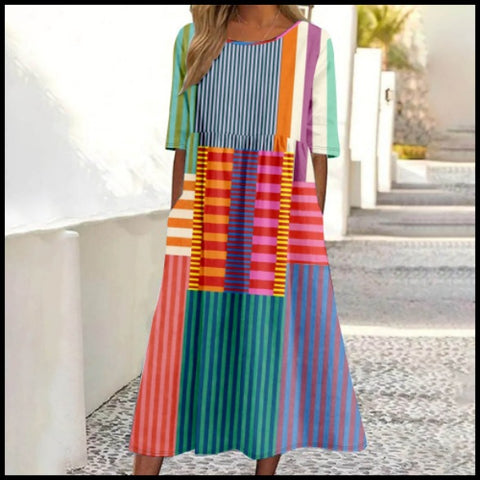 Robe longue décontractée à col ras du cou et manches courtes pour femme, imprimé 3D, taille plissée, style trapèze, m301299 