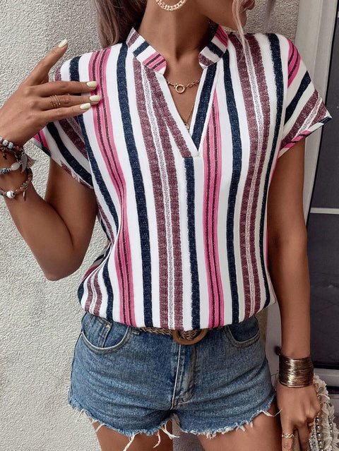 Striped print V-neck bat sleeve shirt T-shirt m302617