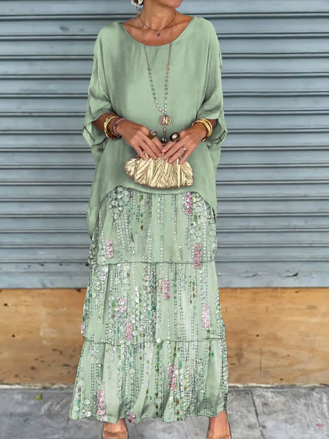 Fashion women's temperament round neck bat sleeve long dress m301334