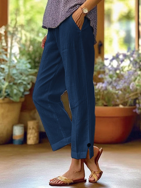 Women's cotton and linen loose solid color elastic waist pocket straight casual pants m301424