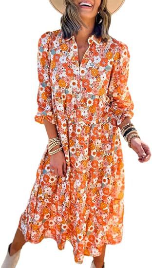 Lockeres, langärmliges, V-Ausschnitt-Kleid für Damen im Bohemian-Stil mit Blumenmuster und eleganter A-Form m300573 