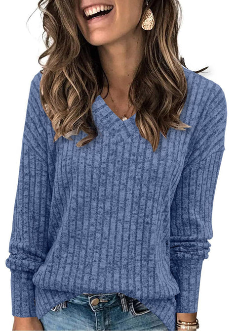 Women's long-sleeved V-neck pit strip polished knitted top T-shirt m302092