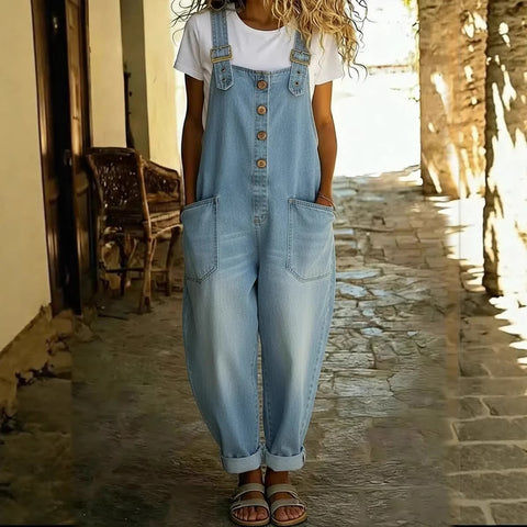 Stylish retro old loose women's casual denim jumpsuit with adjustable buckle m302836