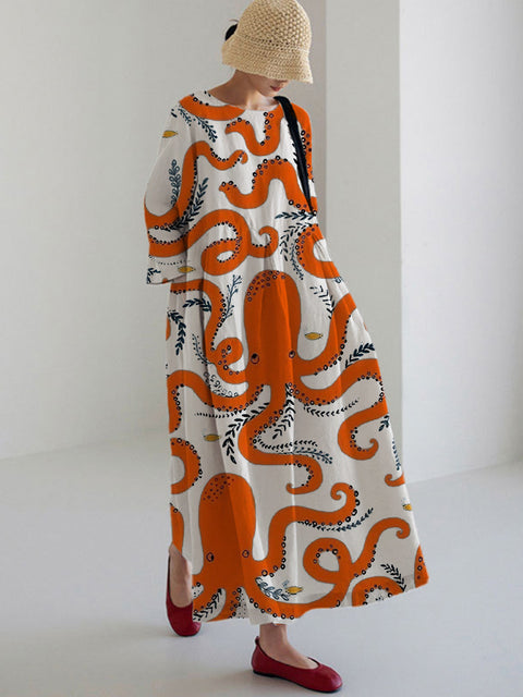 Lockeres, modisches, hochwertiges, langärmeliges Kleid mit Rundhalsausschnitt und Print m301054