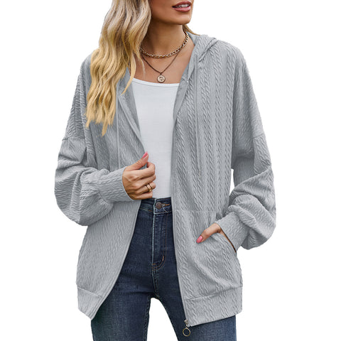 Solid color pocket long sleeve loose hooded sweater women's jacket m300392