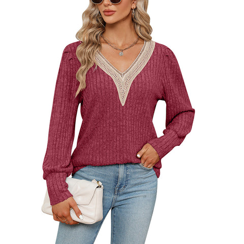 Damen V-Ausschnitt Spitze lose Grube Streifen poliert lose Langarm-T-Shirt m300519 