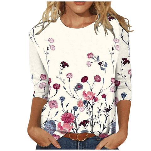 Damenbekleidung Rundhals 3/4 Ärmel Lose Print T-Shirt M300227 