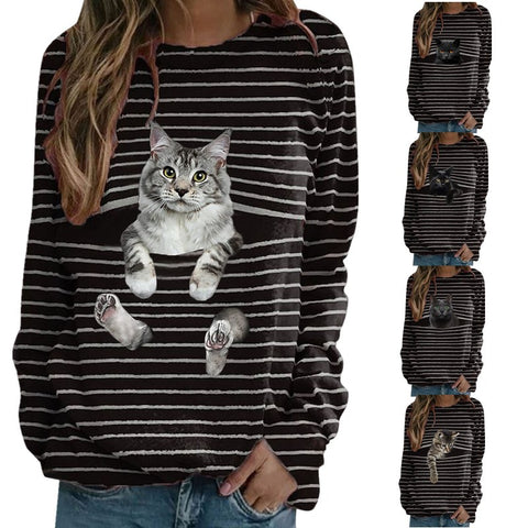 T-shirt décontracté à manches longues et imprimé chat, haut rayé m300513 