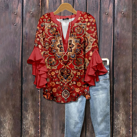 Kreativer Digitaldruck mit Blumenelementdruck, lässiger Trend, V-Ausschnitt, Lotuskante, T-Shirt m301352 