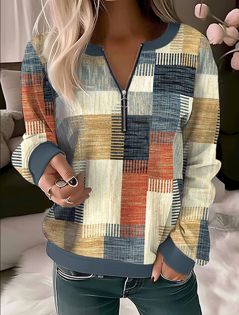 Bedrucktes lockeres Strickhemd mit V-Ausschnitt und Reißverschluss m300663 