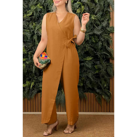 Solid color casual V-neck strap jumpsuit m303023