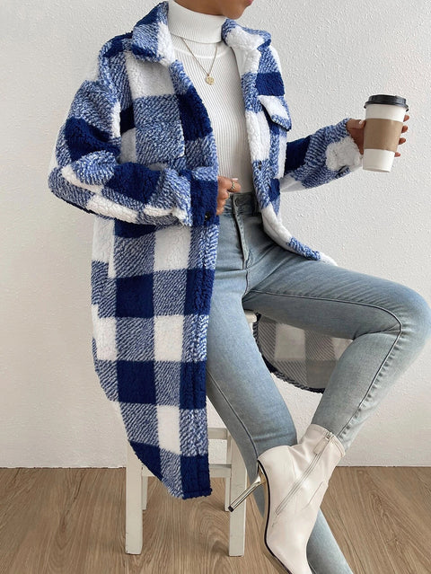 Veste à carreaux en peluche à revers ouvert pour femme, manteau long et ample, style banlieue, m300360 