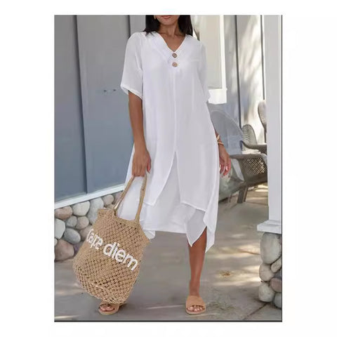 Gewebtes doppellagiges literarisches Kleid aus Baumwolle und Leinen mit geteiltem V-Ausschnitt m301247 