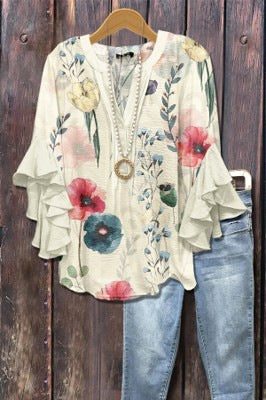 Kreativer Digitaldruck mit Blumenelementdruck, lässiger Trend, V-Ausschnitt, Lotuskante, T-Shirt m301352 