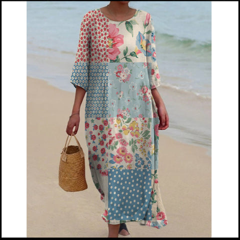 Robe longue à col ras du cou pour femme, imprimée, décontractée, tendance, m301059
