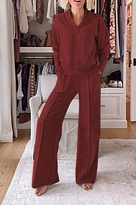 Zweiteiliges Set mit V-Ausschnitt, langärmeligem, lockerem Oberteil und Hose mit weitem Bein, m301327 