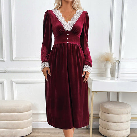 Herbst und Winter Samt langes Kleid Herbst und Winter Spitze Spleißen kontrastierendes Kleid Kleid m300773 