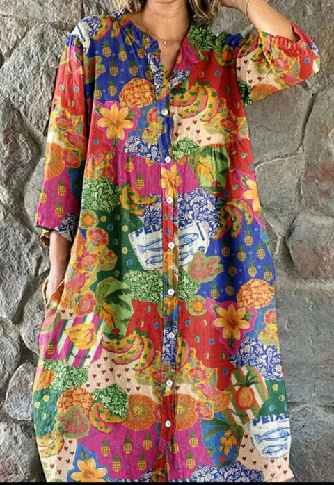 Robe chemise ample à col ras du cou et manches longues pour femme, imprimée, de qualité supérieure, m301050