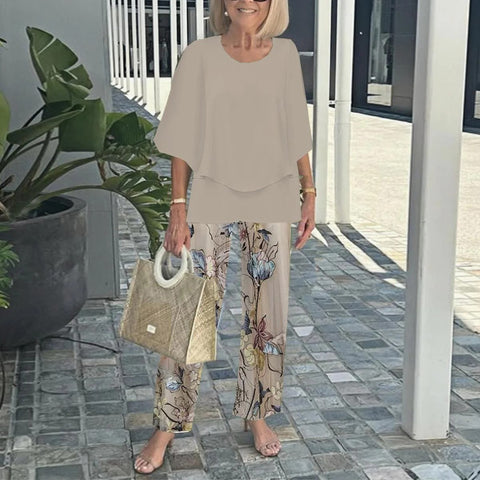 Casual round neck medium sleeve top printed flower pants set two-piece set m301465