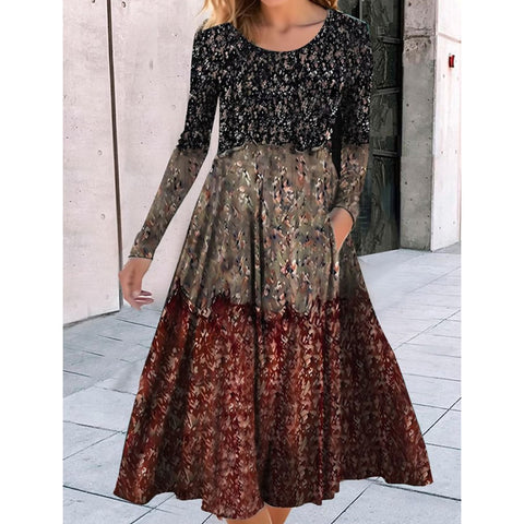 Rundhalsausschnitt, Langarm, lockeres Pendelkleid mit geometrischem Muster, bedruckt, m300700 