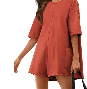 Combinaison ample décontractée à manches courtes et dos nu pour femme, col en V, poches M300225 