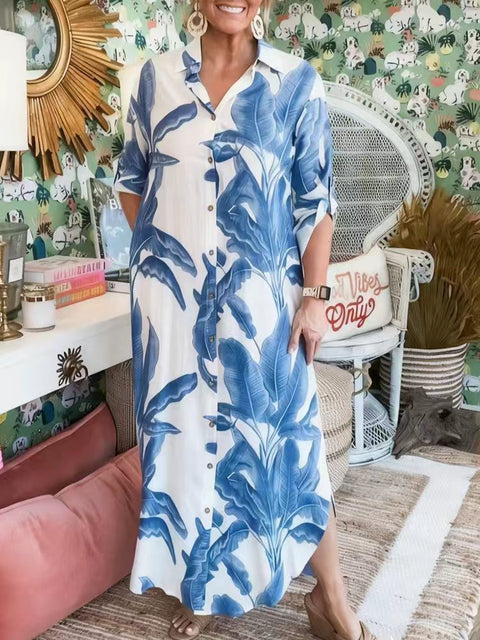Women's Casual Loose Fashion Printed Lapel Medium Sleeve Large Size Shirt Dress m302334