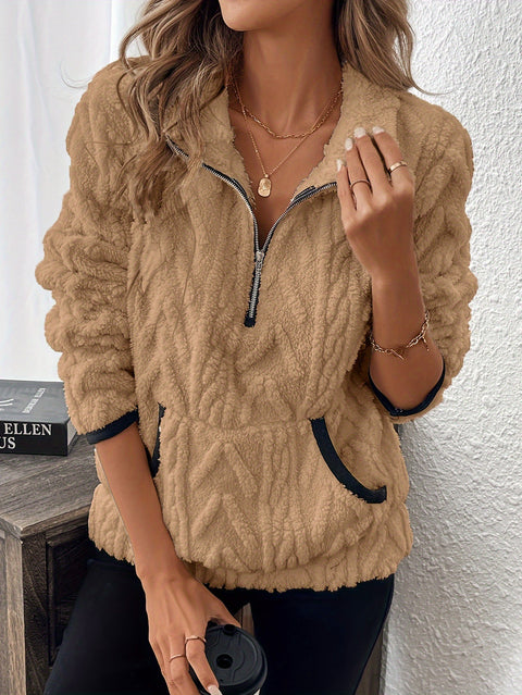 Lapel small fragrant wind jacquard half zipper plush pocket short sweater m302167